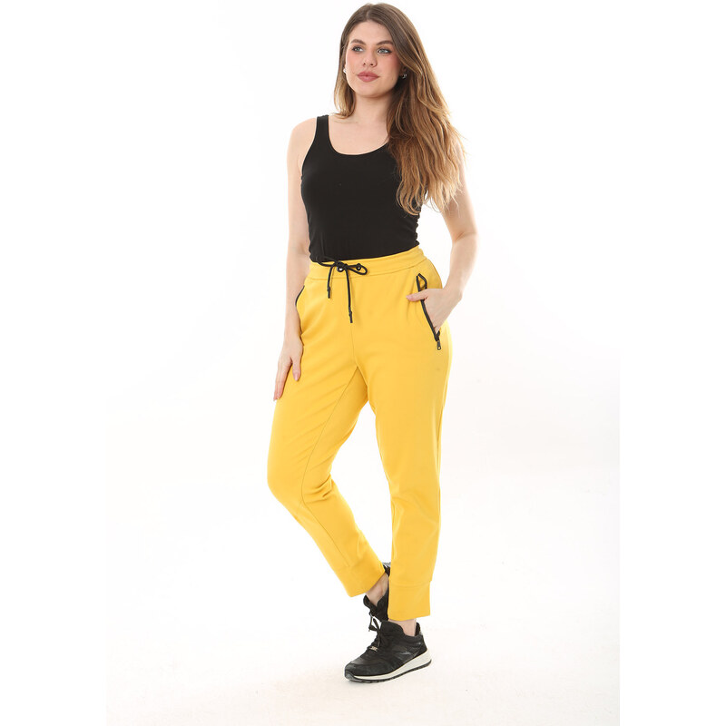 Şans Women's Plus Size Yellow Eyelet Lace Up And Elastic Zippered Pocket Detailed Sports Trousers