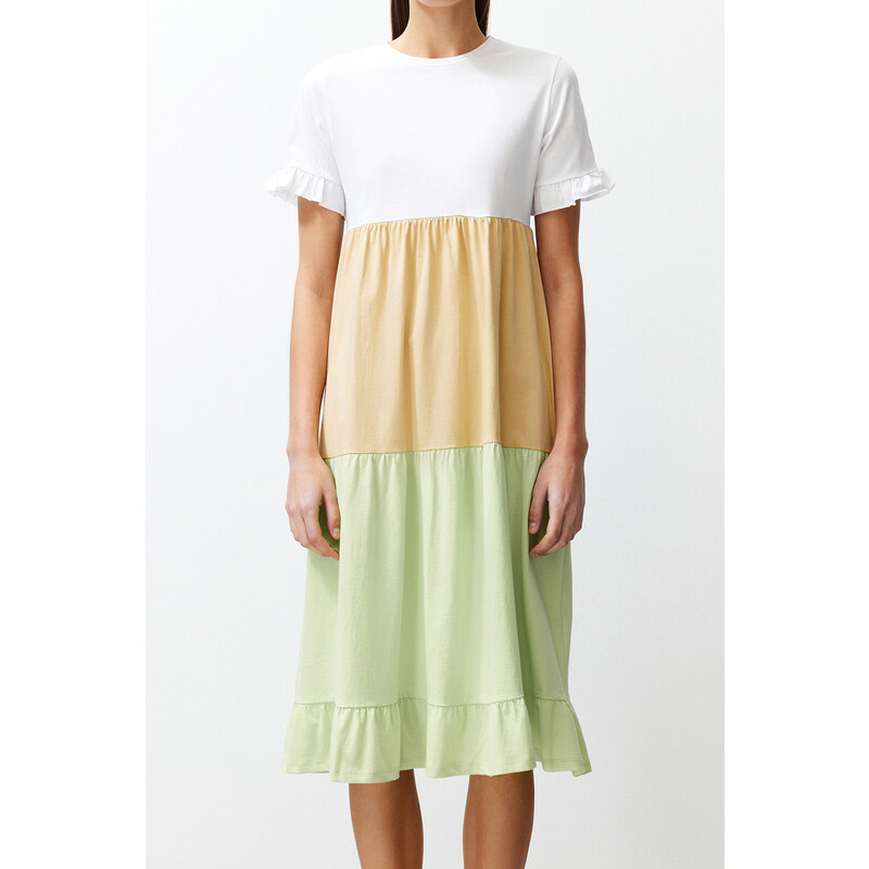 Trendyol Multi Color Color Block A-Line/A-Line Formal Crew Neck Short Sleeve Knitted T-shirt Dress