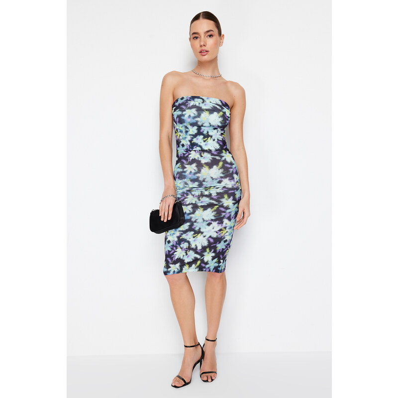 Trendyol Limited Edition Blue Floral Printed Mini Strapless Neck Flexible Knitted Dress