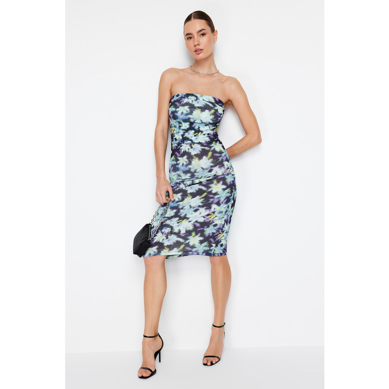 Trendyol Limited Edition Blue Floral Printed Mini Strapless Neck Flexible Knitted Dress