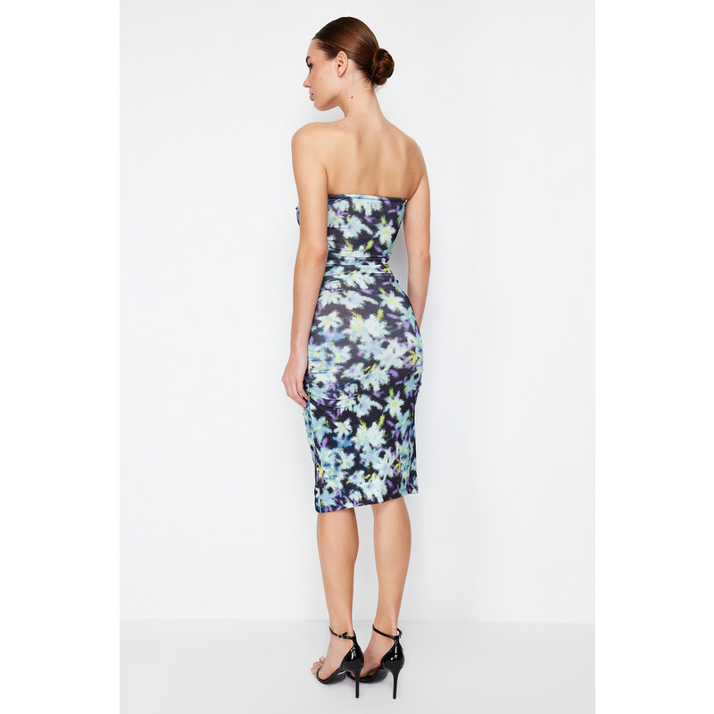 Trendyol Limited Edition Blue Floral Printed Mini Strapless Neck Flexible Knitted Dress