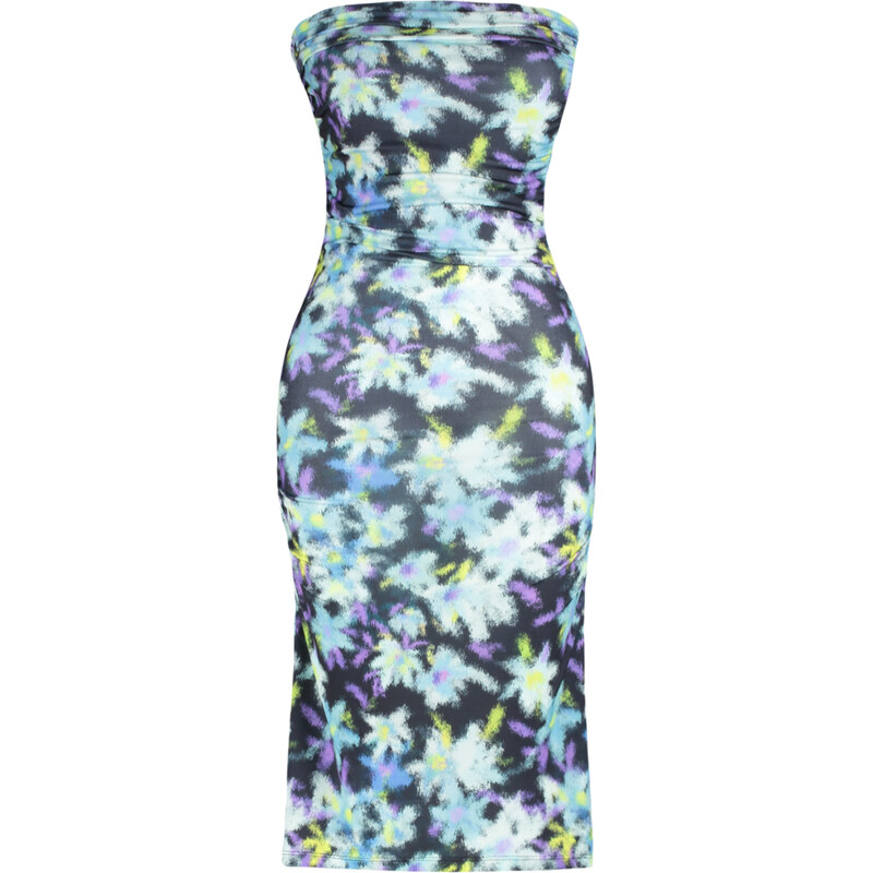 Trendyol Limited Edition Blue Floral Printed Mini Strapless Neck Flexible Knitted Dress