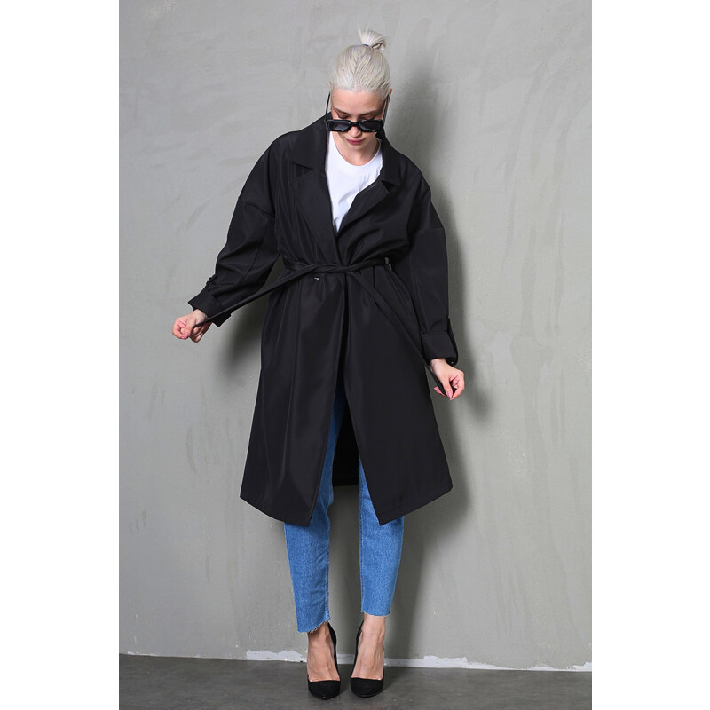 Madmext Black Double Breasted Women's Trench Coat