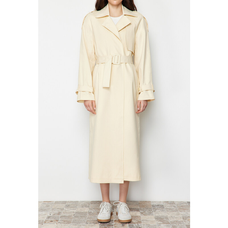 Trendyol Beige Oversize Wide Cut Belted Cotton Trench Coat