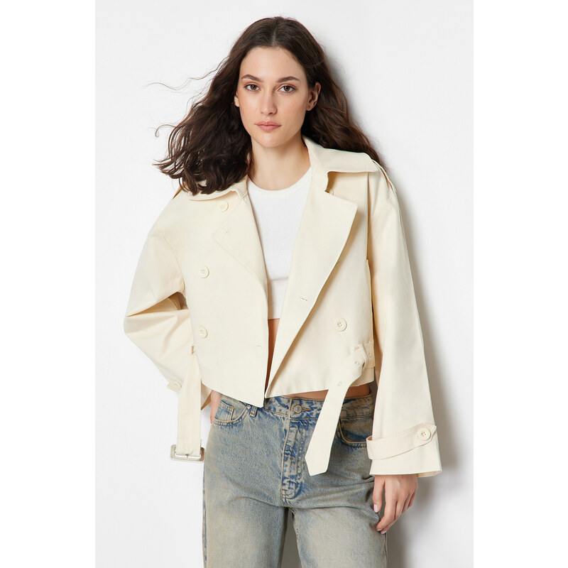 Trendyol Ecru Fitted Belted Cotton Crop Trench Coat