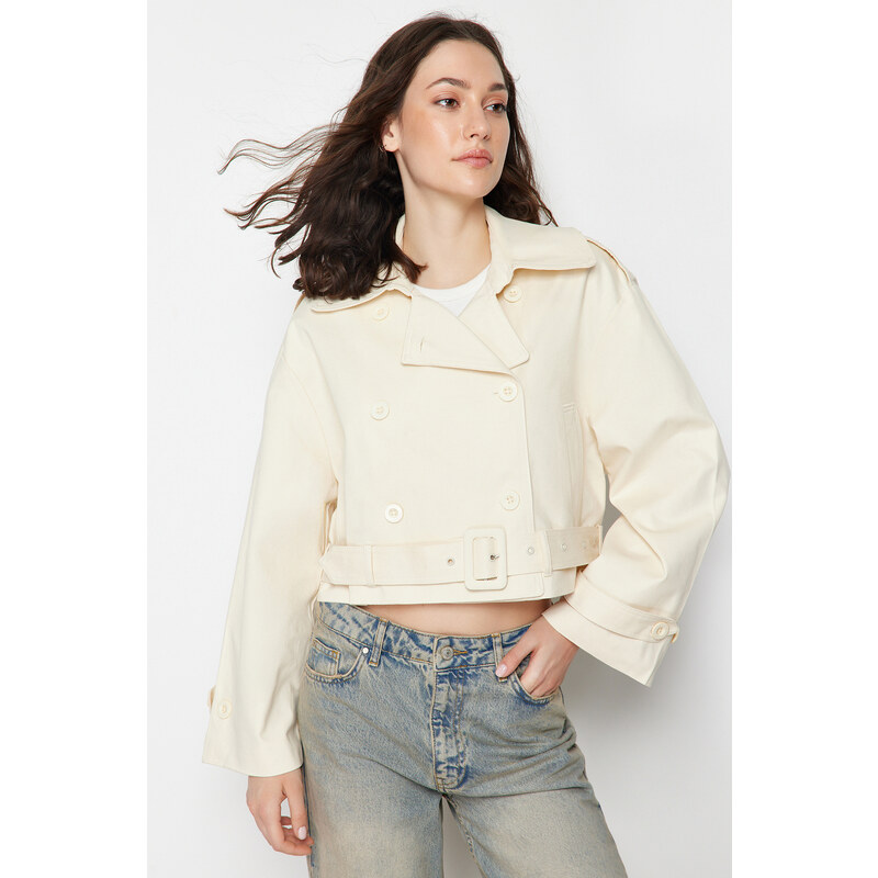 Trendyol Ecru Fitted Belted Cotton Crop Trench Coat