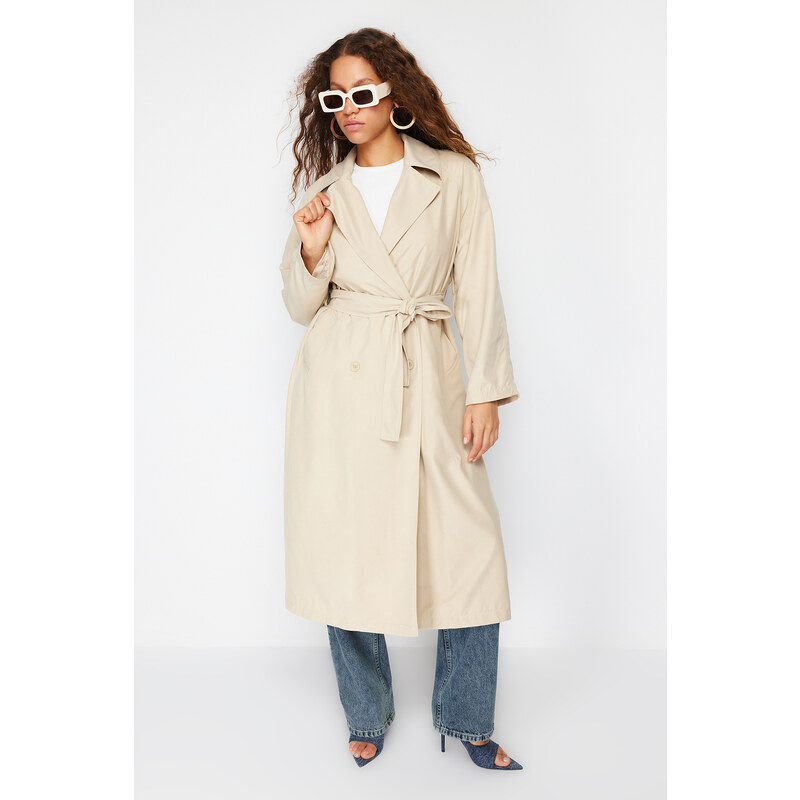 Trendyol Beige Oversize Wide Cut Chiffon Detailed Pleated Trench Coat