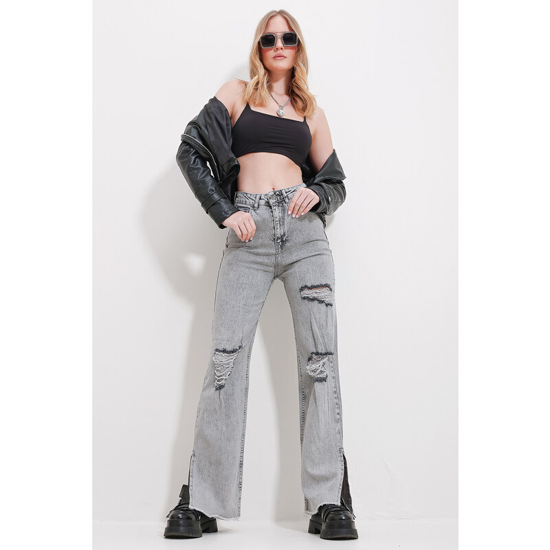 Trend Alaçatı Stili Women's Gray High Waist Side Slits Vintage Jeans
