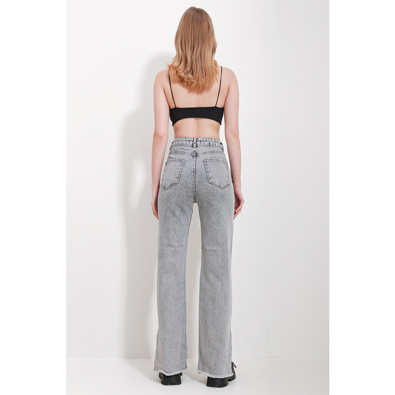 Trend Alaçatı Stili Women's Gray High Waist Side Slits Vintage Jeans