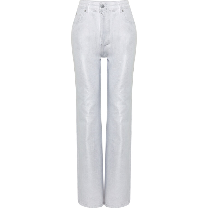 Trendyol White Shiny Metallic Printed High Waist Wide Leg Jeans