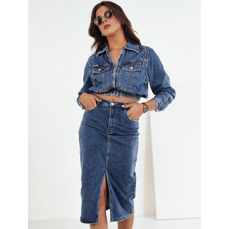 BASIC MODRÁ DŽÍNOVÁ CROP BUNDA BLIRNA Denim vzor