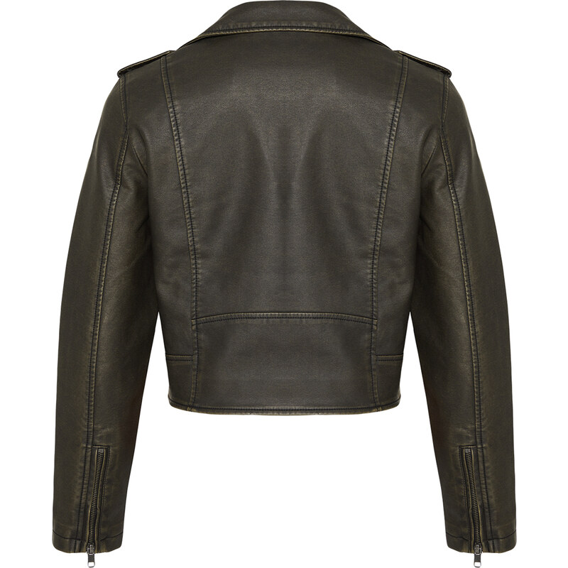 Trendyol Anthracite Aged Detailed Faux Leather Biker Jacket Coat