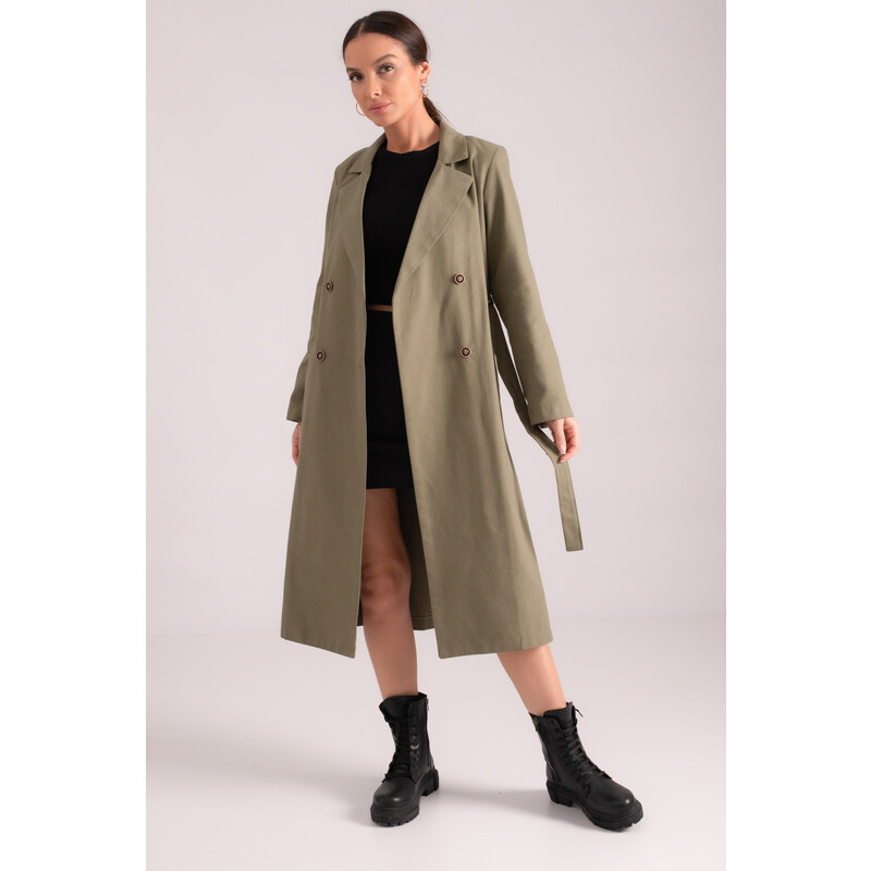 armonika Women's Khaki Double Breasted Collar Waist Belted Long Trench Coat with Pocket