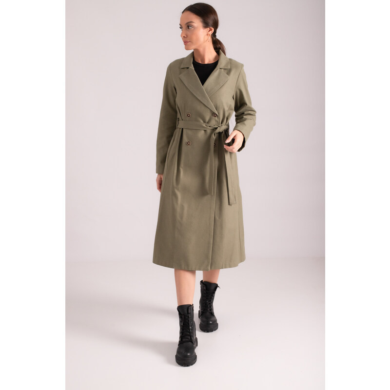 armonika Women's Khaki Double Breasted Collar Waist Belted Long Trench Coat with Pocket