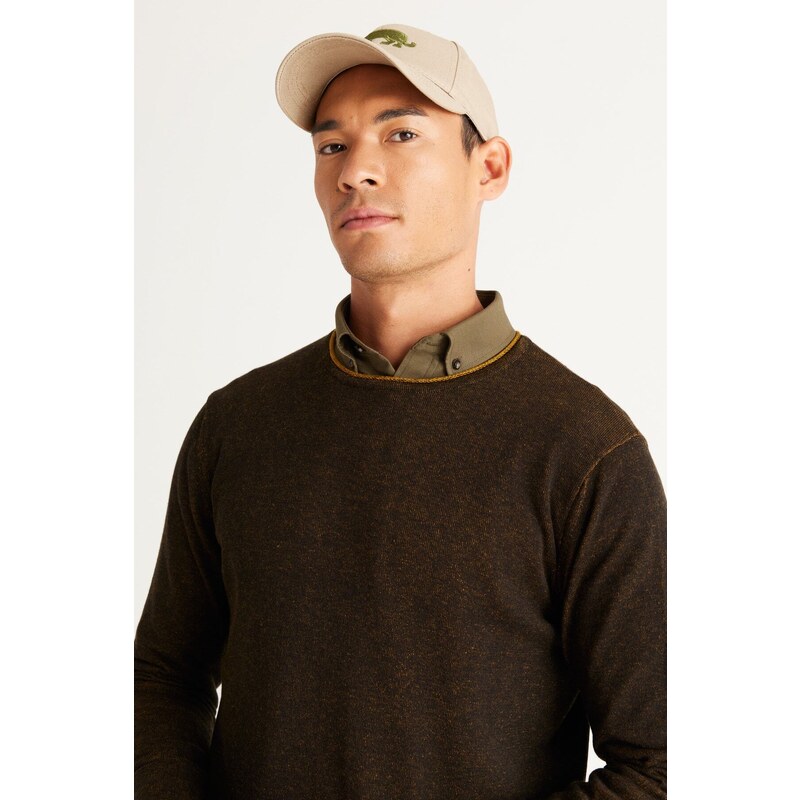 AC&Co / Altınyıldız Classics Men's Black-Mustard Standard Fit Regular Fit Crew Neck Cotton Knitwear Sweater