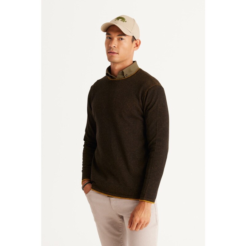 AC&Co / Altınyıldız Classics Men's Black-Mustard Standard Fit Regular Fit Crew Neck Cotton Knitwear Sweater