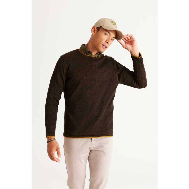 AC&Co / Altınyıldız Classics Men's Black-Mustard Standard Fit Regular Fit Crew Neck Cotton Knitwear Sweater