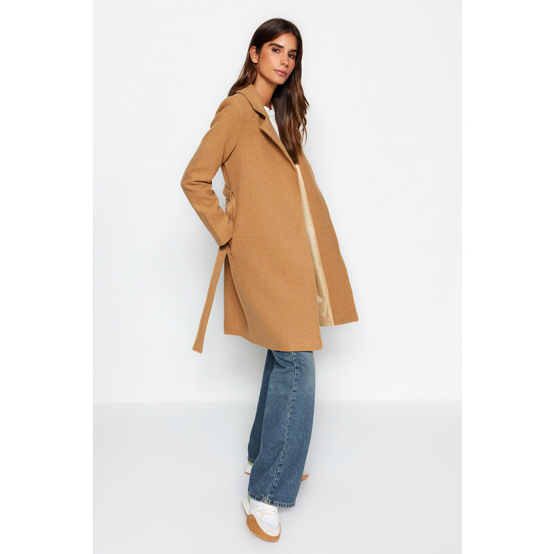 Trendyol Camel Belted Long Wool Cachet Coat