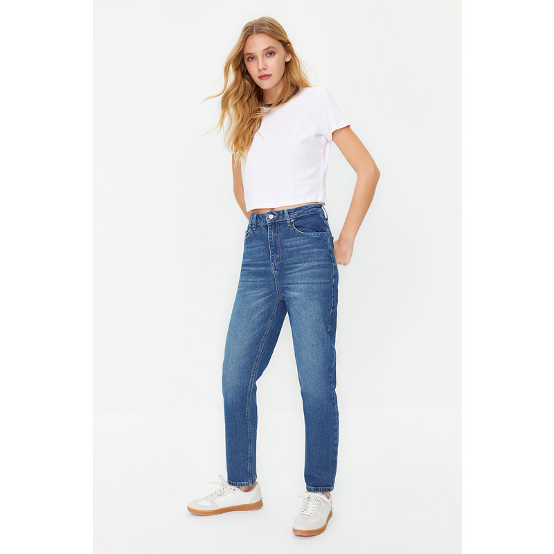 Trendyol Dark Blue More Sustainable High Waist Slim Mom Jeans