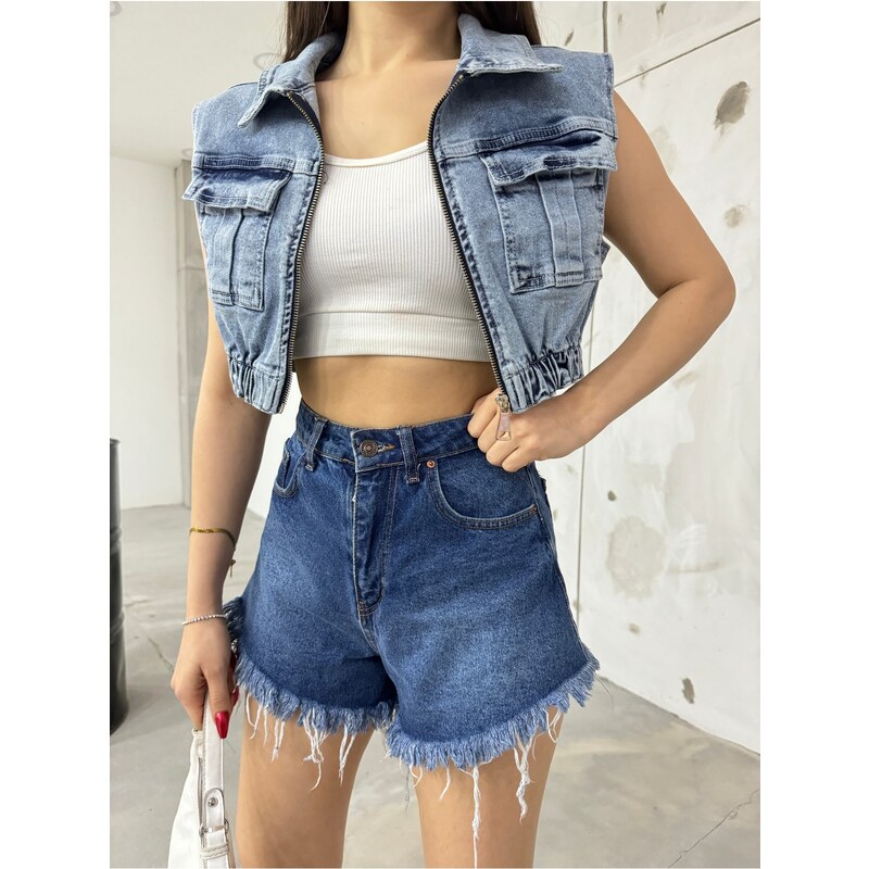 BİKELİFE Women's Blue Lycra Crop Denim Vest