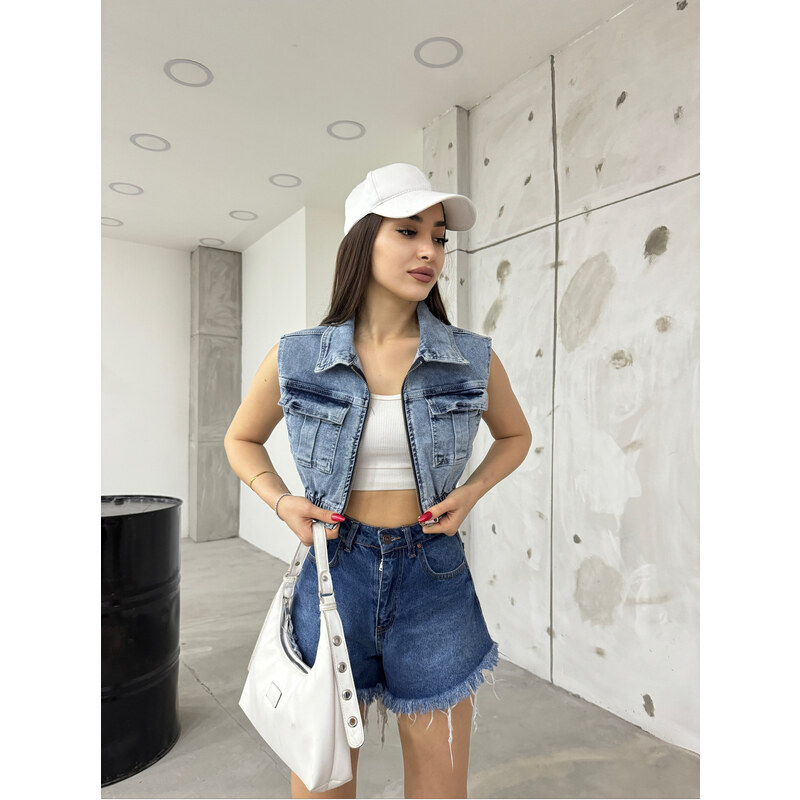 BİKELİFE Women's Blue Lycra Crop Denim Vest