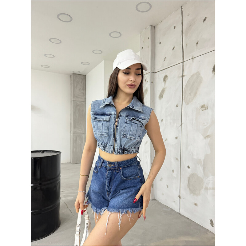 BİKELİFE Women's Blue Lycra Crop Denim Vest