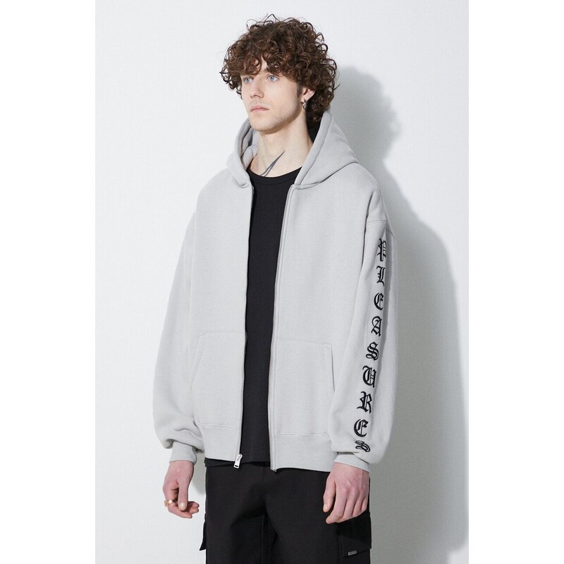 Mikina PLEASURES Oe Zip Up Hoodie pánská, šedá barva, s kapucí, s aplikací, P23W038.GREY