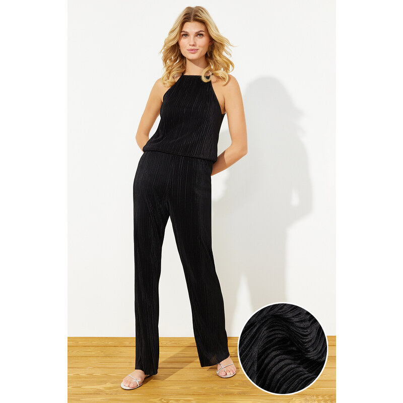 Trendyol Black Pleat Regular/Normal Fit Barbell Neck Stretch Knitted 115606416