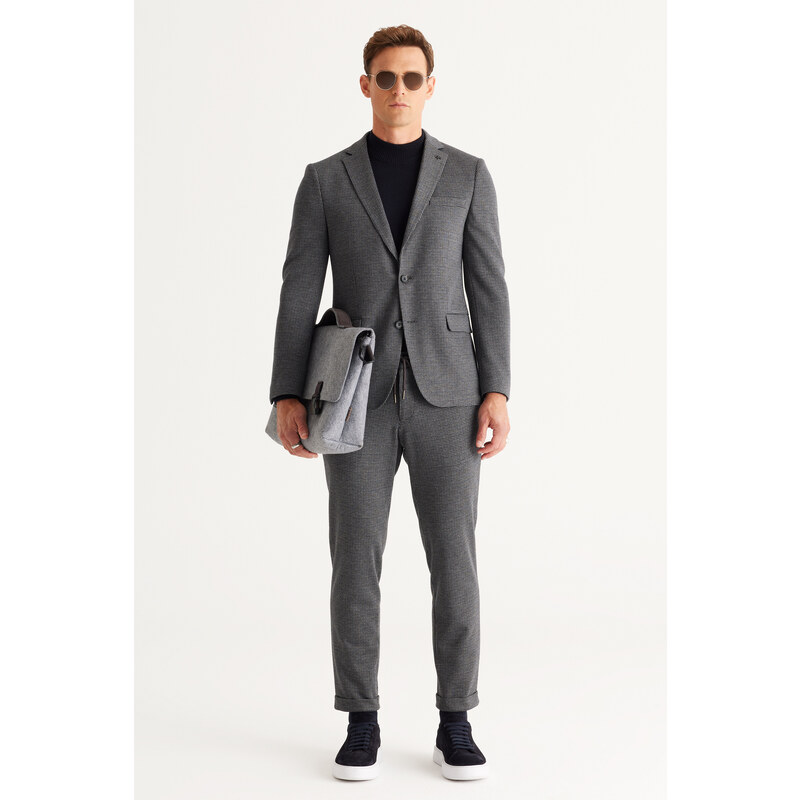ALTINYILDIZ CLASSICS Men's Navy Blue-Grey Slim Fit Slim Fit Mono Collar Patterned Suit