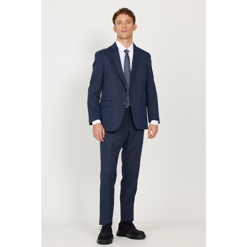 ALTINYILDIZ CLASSICS Men's Navy Blue Regular Fit Relaxed Cut Mono Collar Patterned Suit