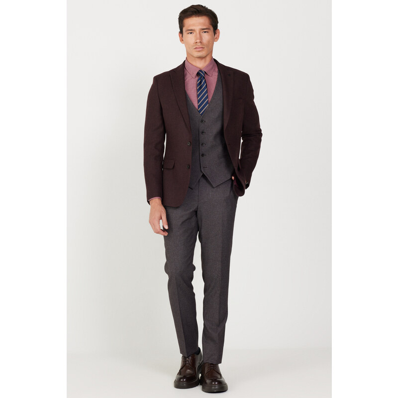 ALTINYILDIZ CLASSICS Men's Burgundy-Grey Slim Fit Slim Fit Mono Collar Patterned Vest Suit