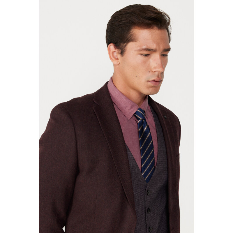 ALTINYILDIZ CLASSICS Men's Burgundy-Grey Slim Fit Slim Fit Mono Collar Patterned Vest Suit