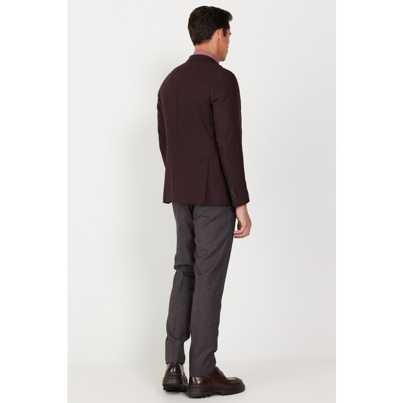 ALTINYILDIZ CLASSICS Men's Burgundy-Grey Slim Fit Slim Fit Mono Collar Patterned Vest Suit