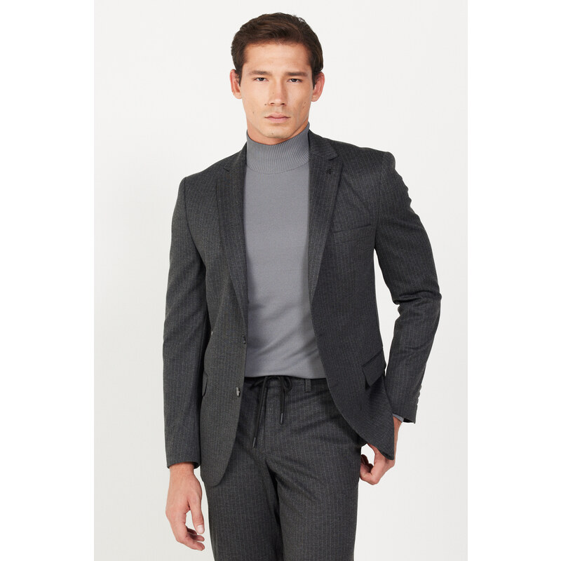 ALTINYILDIZ CLASSICS Men's Anthracite Slim Fit Slim Fit Mono Collar Striped Suit