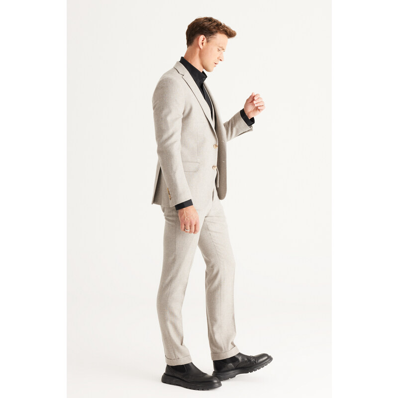 ALTINYILDIZ CLASSICS Men's Beige Slim Fit Slim Fit Mono Collar Patterned Vest Suit