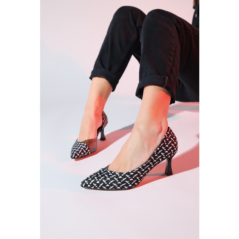 LuviShoes CHEVY Women's Black and White Patterned Transparent Heeled Shoes