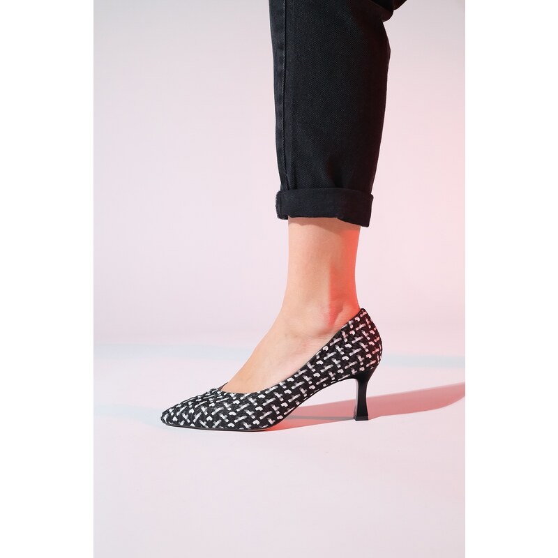 LuviShoes CHEVY Women's Black and White Patterned Transparent Heeled Shoes