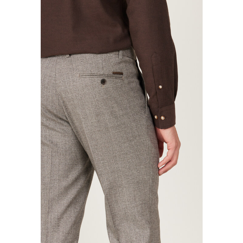 ALTINYILDIZ CLASSICS Men's Brown Comfort Fit Relaxed Cut Elastic Waist Patterned Stretchy Trousers