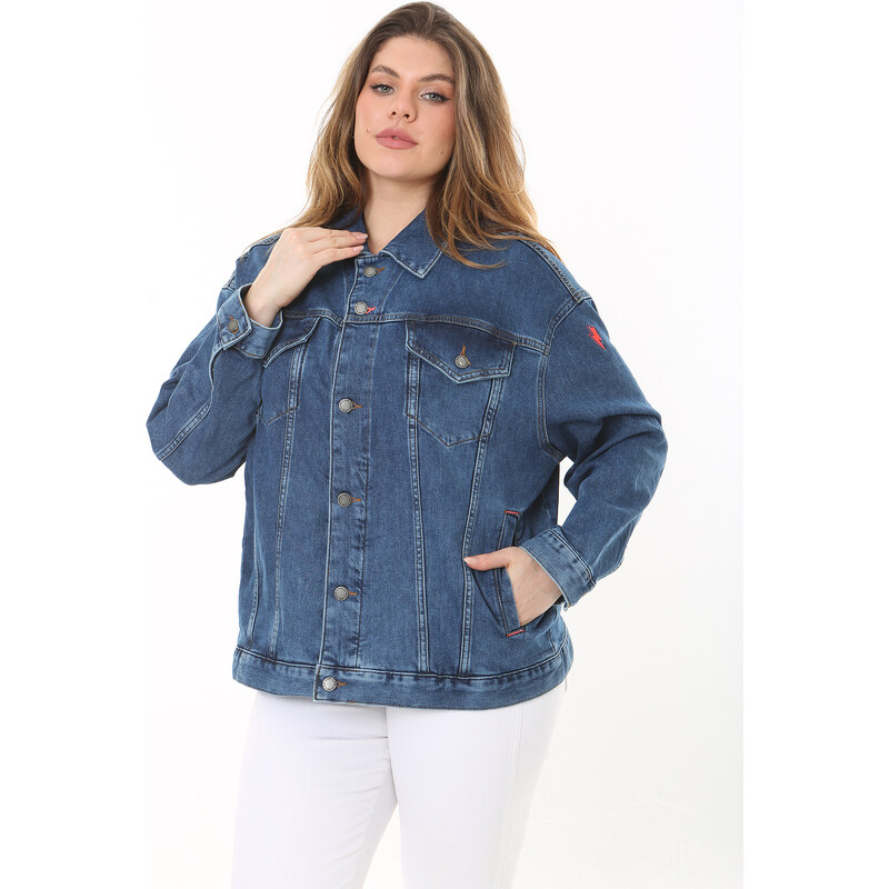 Şans Women's Plus Size Navy Blue Back Detail Denim Coat