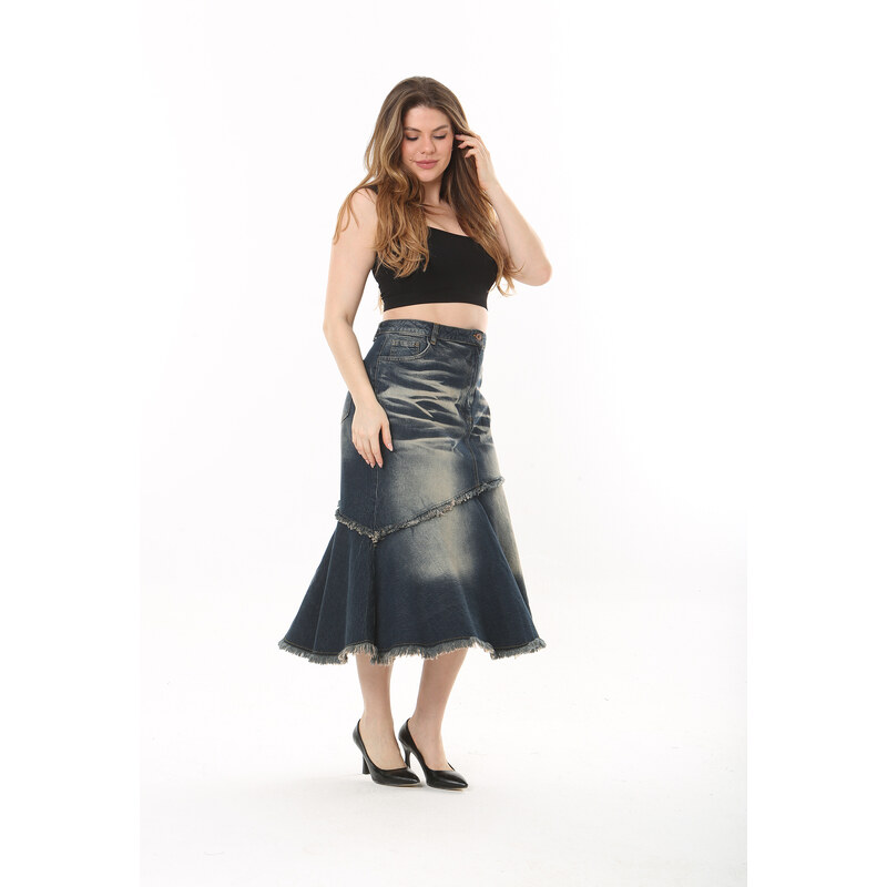 Şans Women's Plus Size Navy Blue Wash Effect Cup Detailed Lycra Denim Skirt