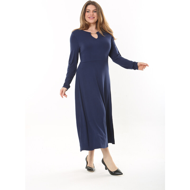 Şans Women's Plus Size Navy Blue Kiss Collar Long Sleeve Dress