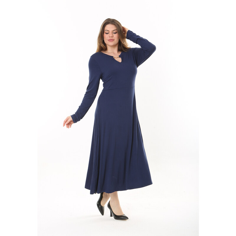 Şans Women's Plus Size Navy Blue Kiss Collar Long Sleeve Dress