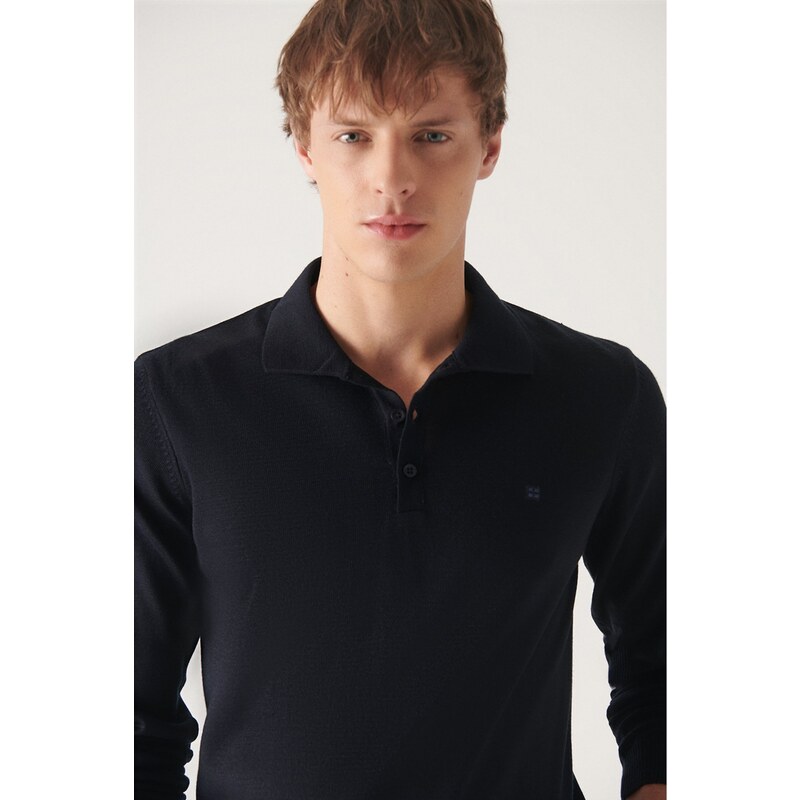 Avva Men's Navy Blue Polo Neck Wool Blended Regular Fit Knitwear Sweater