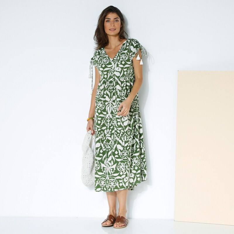 Blancheporte Midi šaty s potiskem zelená/béžová 36