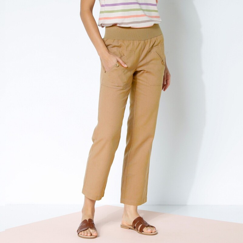 Blancheporte 7/8 rovné kalhoty s pružným pasem, ze lnu a bavlny béžová 38