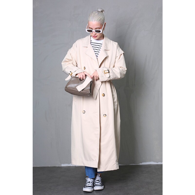 Madmext Cream Flowy Long Trench Coat