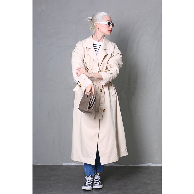 Madmext Cream Flowy Long Trench Coat