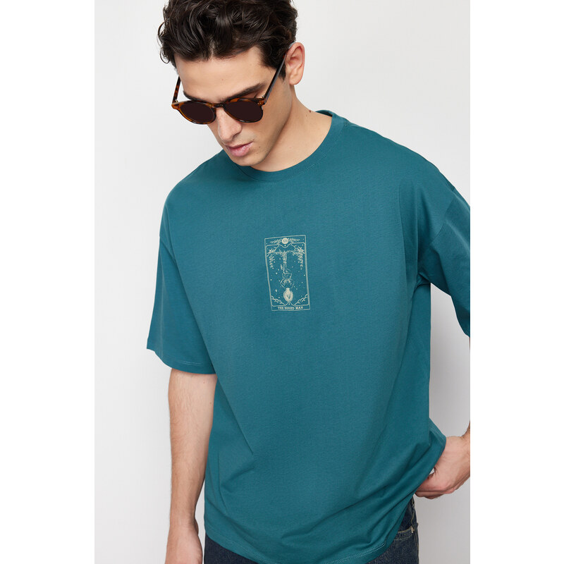 Trendyol Emerald Green Oversize/Wide-Fit 100% Cotton Tarot Printed T-Shirt