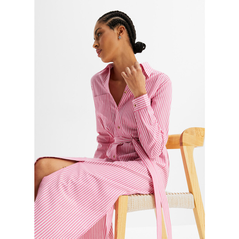 bonprix Proužkované halenkové šaty s tkaničkou Pink