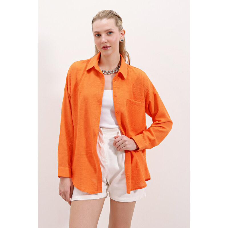 Bigdart 20153 Single Pocket Oversize Linen Shirt - Orange